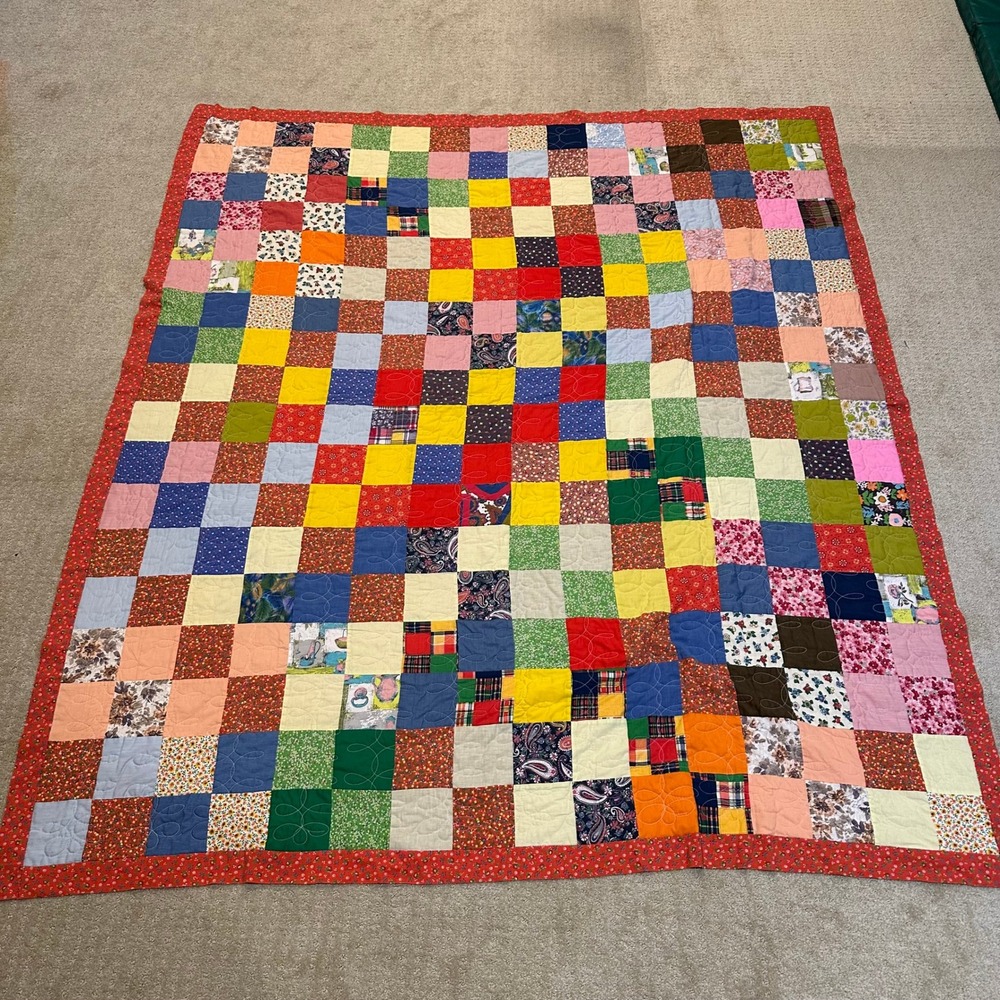 Handmade Patchwork Quilt Vintage Multi Color Scrap Block Red Floral Border 71x78